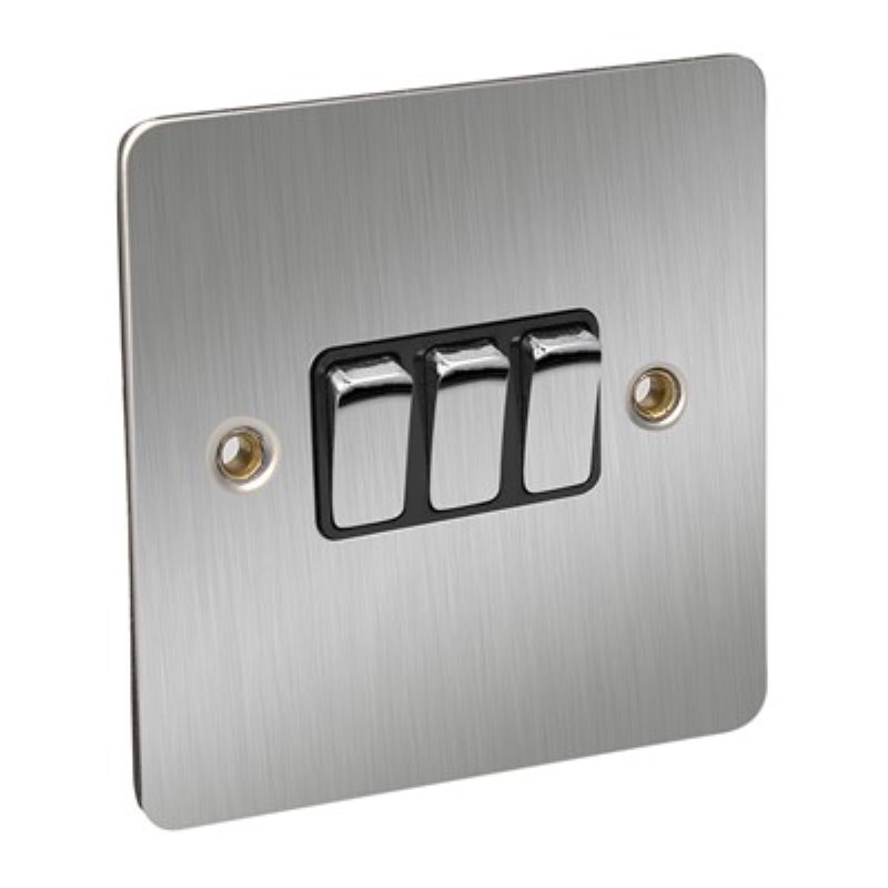 Flat Plate 10Amp 3 Gang 2 Way Switch *Satin Chrome/Black Insert - Click Image to Close